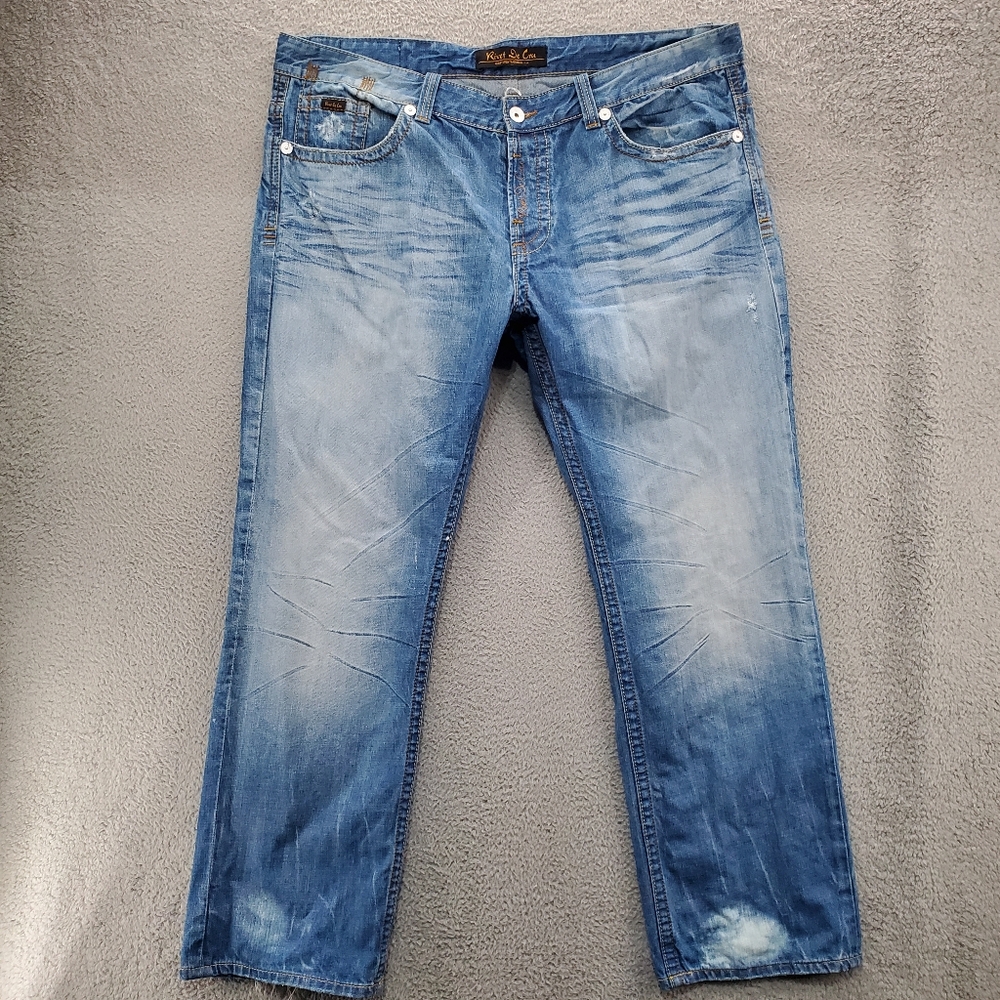 Rivet De Cru Jeans Mens 44x35 Straight Leg Light Wash Blue Button Fly